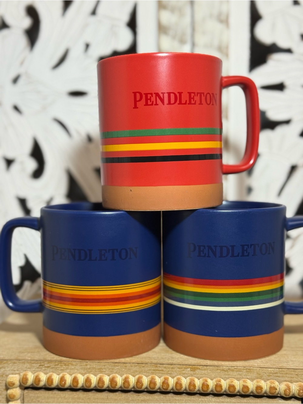 3 Pendleton Red and Navy Ceramic Mug Trio